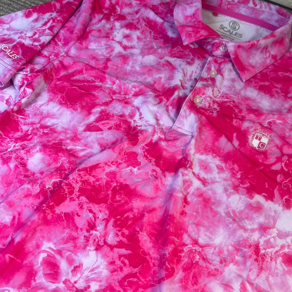 Scales Mens Pink Tie Dye Floral Performance Polo Shirt Medium Short Sleeve Golf